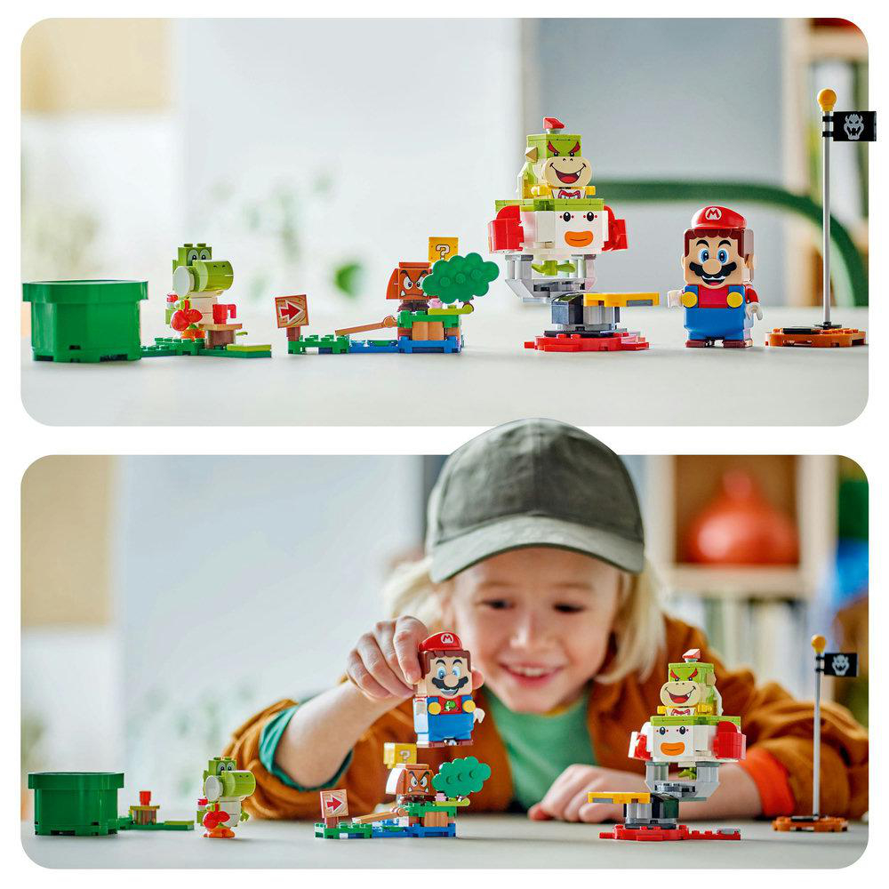 Zwei Lego-Mario-Sets. Eines zeigt Yoshi und ein Schild. Das andere hat Mario und eine Bowser Jr. Figur.