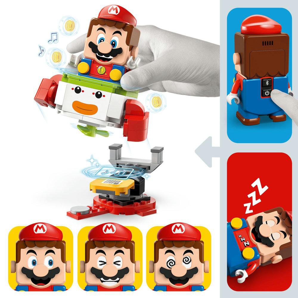 LEGO Mario Spielset mit austauschbaren Gesichtern und verschiedenen interaktiven Elementen.