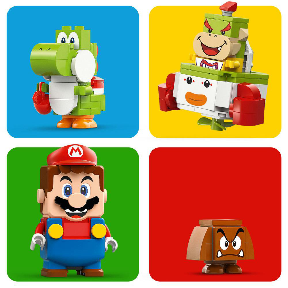 Vier Lego-Figuren: Yoshi, Bowser, Mario und ein Goomba, jeweils auf farbigen Quadraten.