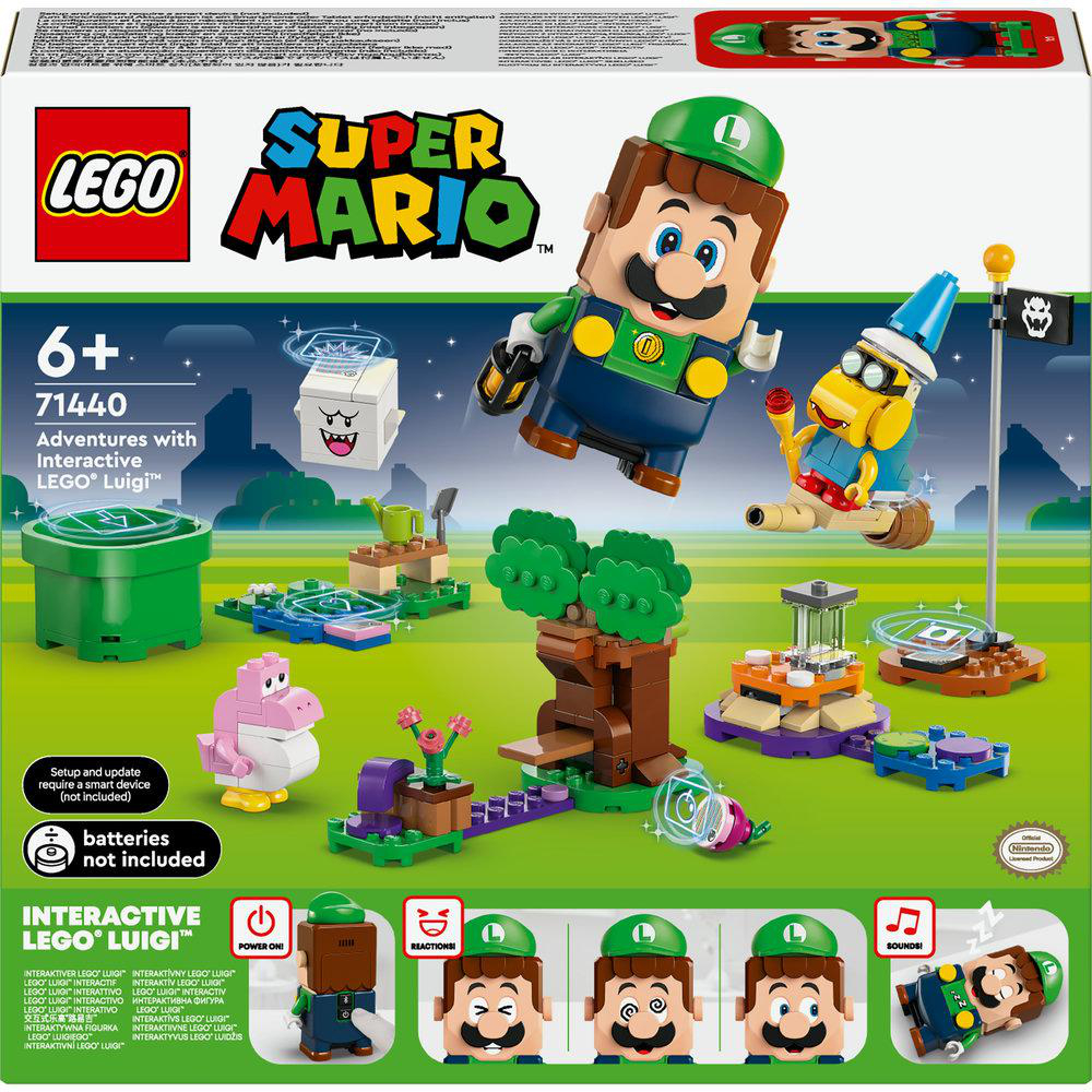 Lego Super Mario Set-Box mit Luigi, verschiedenen Charakteren und Elementen aus dem Spiel.