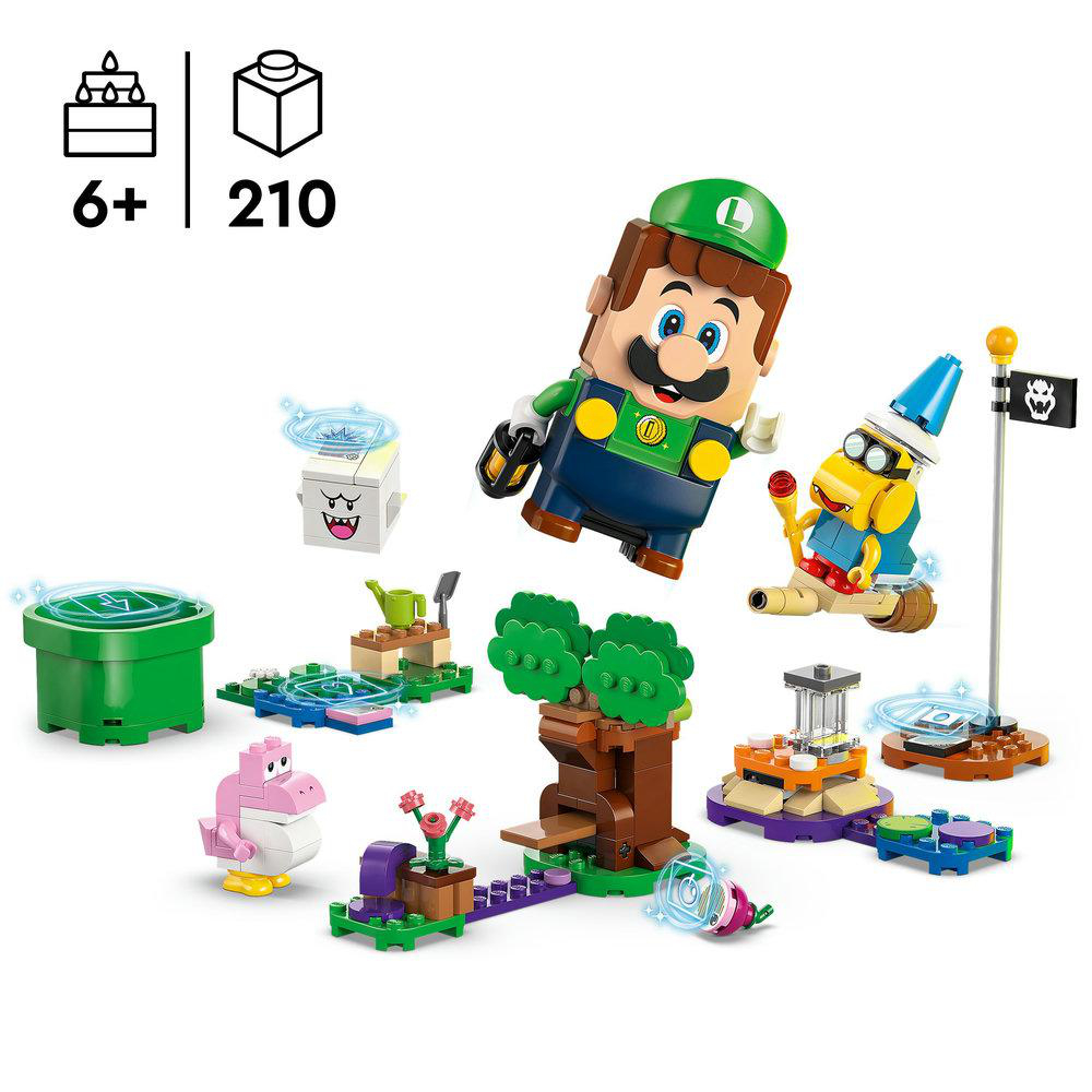 Lego-Set mit Luigi, Goomba und anderen Figuren, mit einer grünen Röhre und einem Baum.