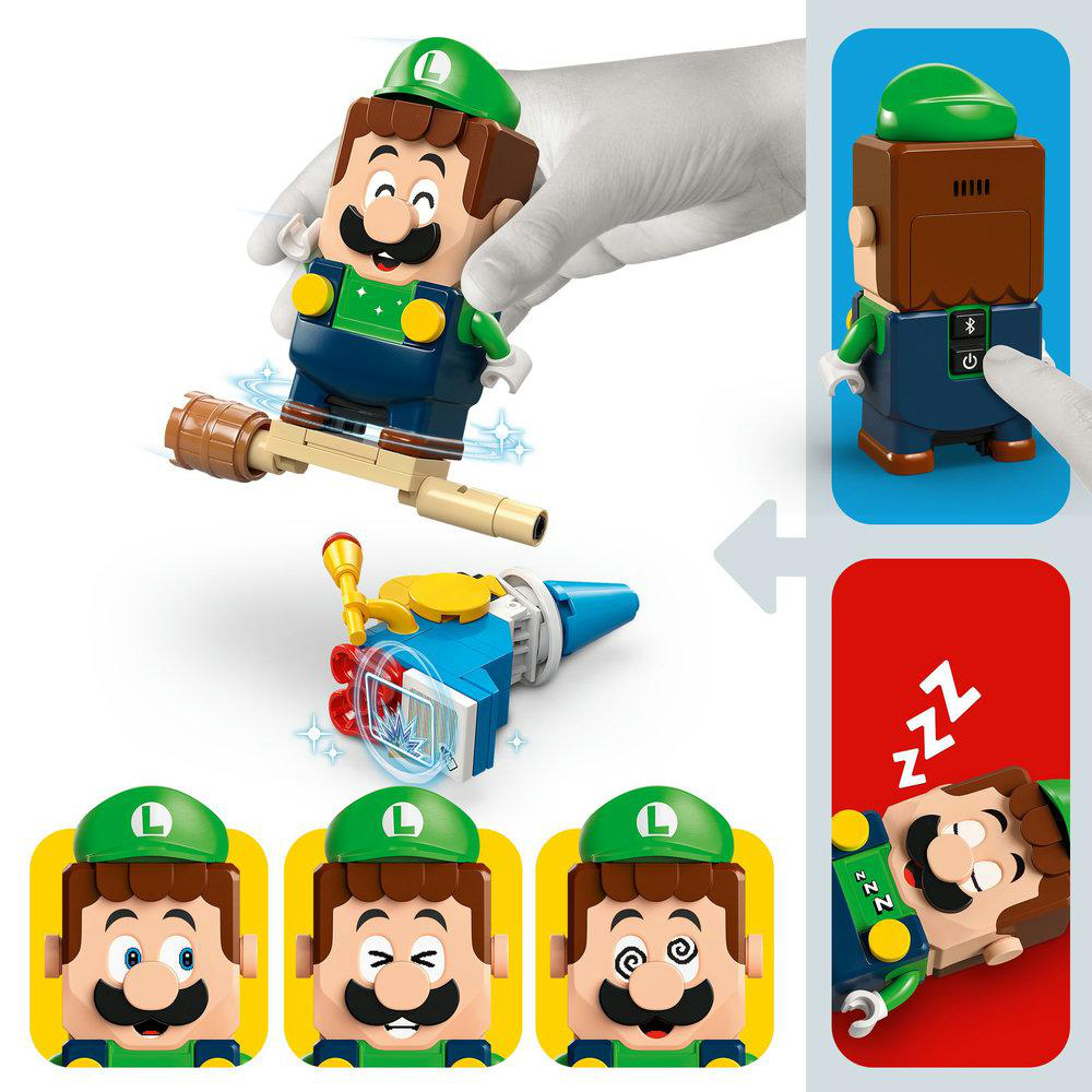 LEGO Luigi-Figur mit verschiedenen Ausdrücken und Aktionen, Teile werden gezeigt.