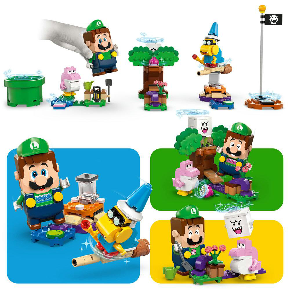 Verschiedene Lego Super Mario Sets sind angeordnet. Sie enthalten Figuren, Bäume und eine Flagge.