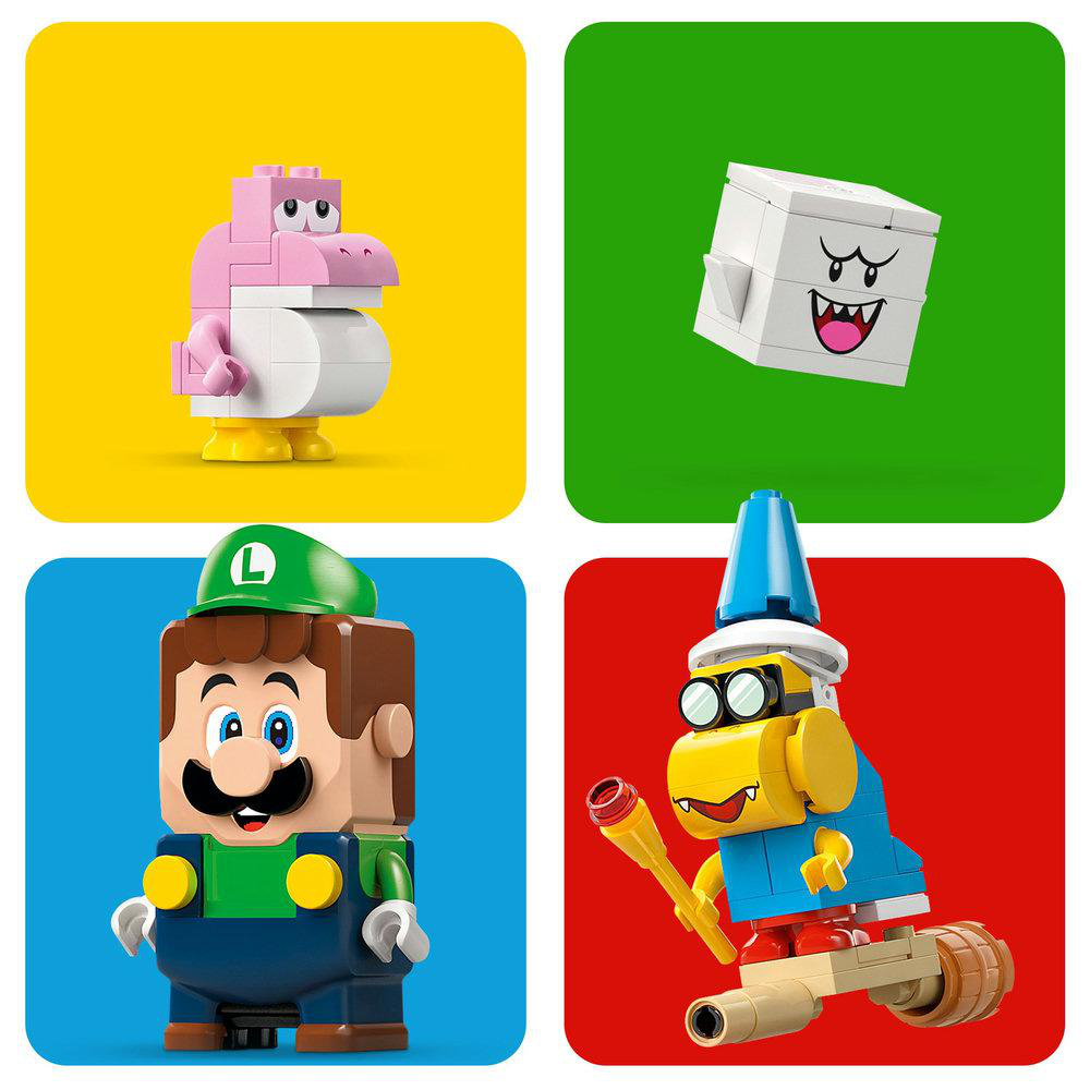 Vier Lego-Figuren auf farbigen Quadraten: Yoshi, Boo, Mario und ein Gumba.