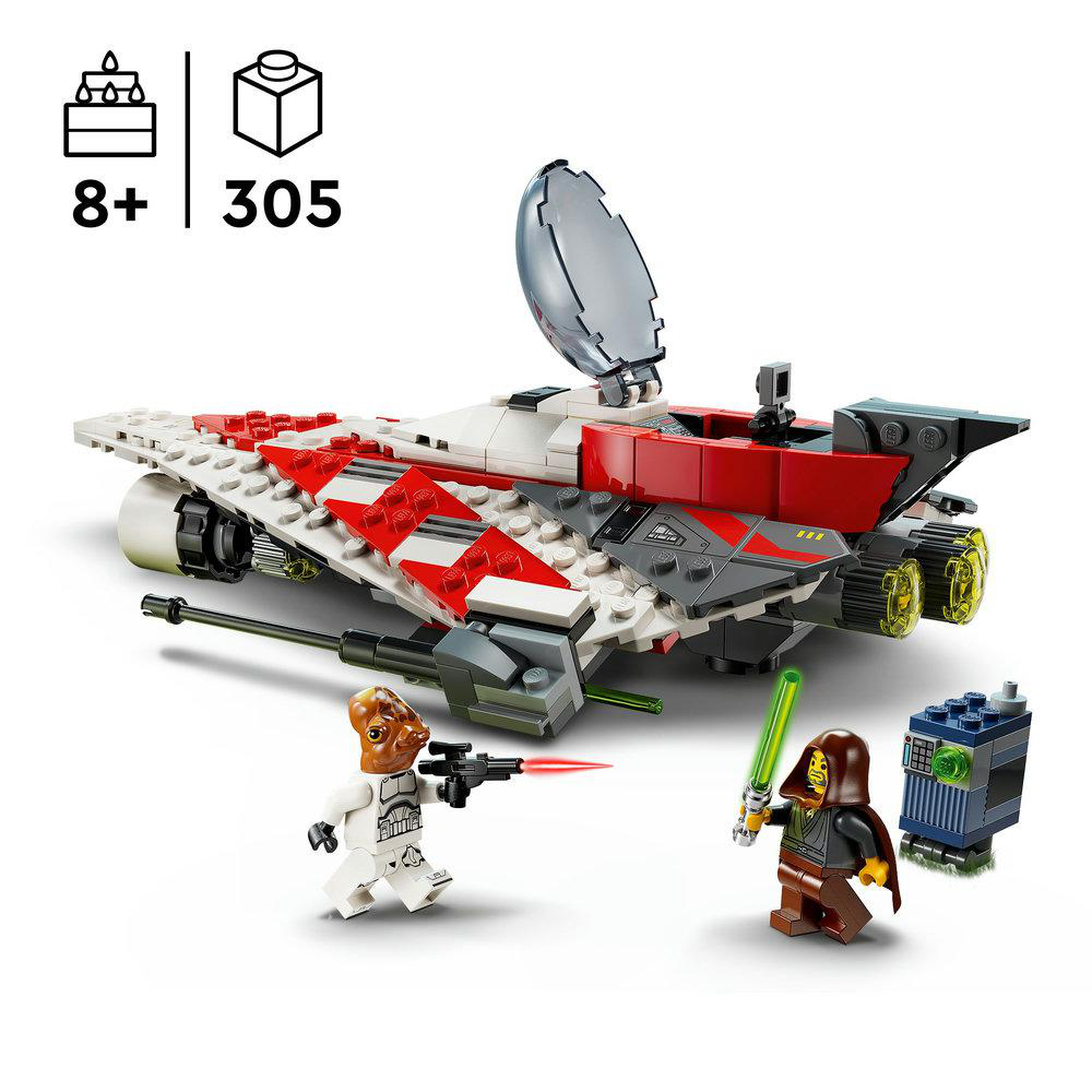 Lego Star Wars Set mit Figuren und Schiff. Weißer Hintergrund.
