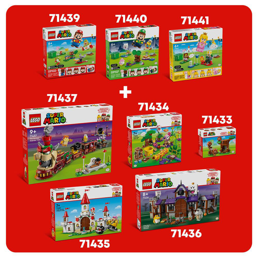Mehrere Lego Super Mario Sets werden in nummerierten Boxen mit Mario-Charakteren angezeigt.