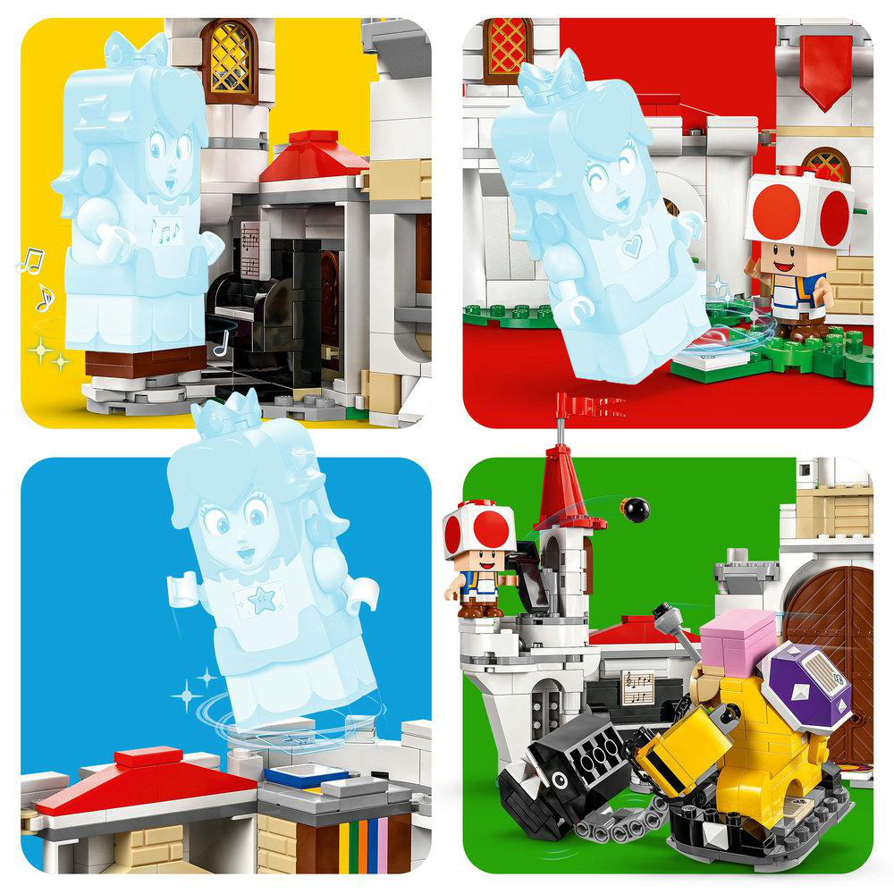 Vier Bilder von Lego Mario-Sets mit Peach und Toad.