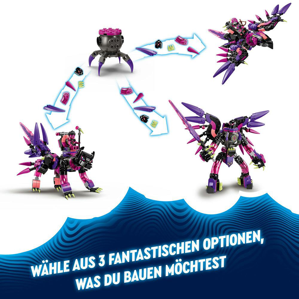 Lego-Set mit mehreren Roboterfiguren und Konstruktionsoptionen.