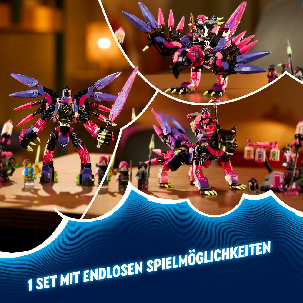 Mehrere Lego-Figuren und -Strukturen auf einem Holztisch. Text: 1 SET MIT ENDLOSEN SPIELMÖGLICHKEITEN.