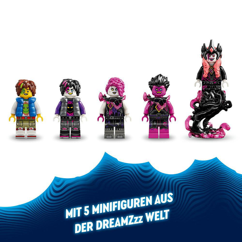 Lego Dreamzzz Set mit fünf Minifiguren auf blauem Wellenhintergrund.