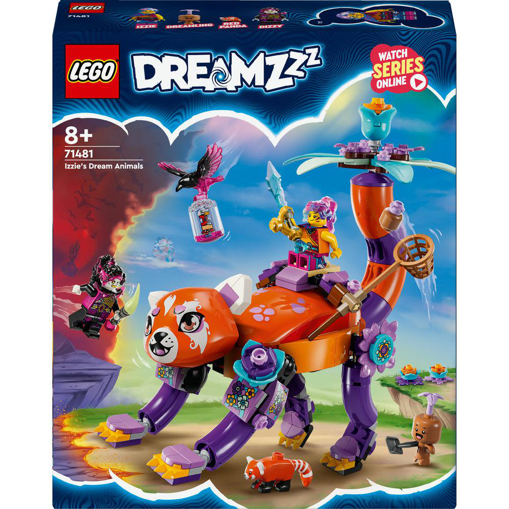 Ein LEGO Dreamzzz-Set mit mehreren bunten Minifiguren und einer großen Kreatur.