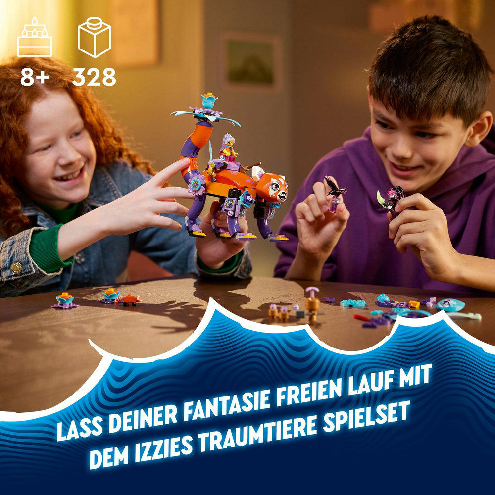 Zwei Kinder spielen mit LEGO-Spielzeug. Buntes, orange-lila Spielzeug. Holztisch, Raumhintergrund.