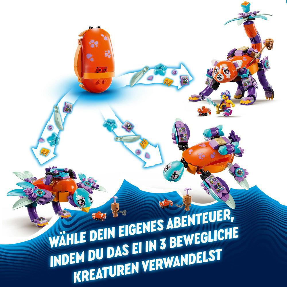 Lego-Set. Ein orangefarbenes Ei verwandelt sich in drei bunte Kreaturen. Pfeile und Text zeigen die Verwandlung.