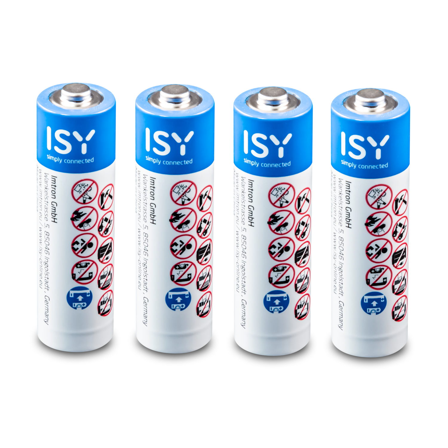 Vier ISY AA-batterijen worden getoond, met een blauwe bovenkant en witte behuizing.