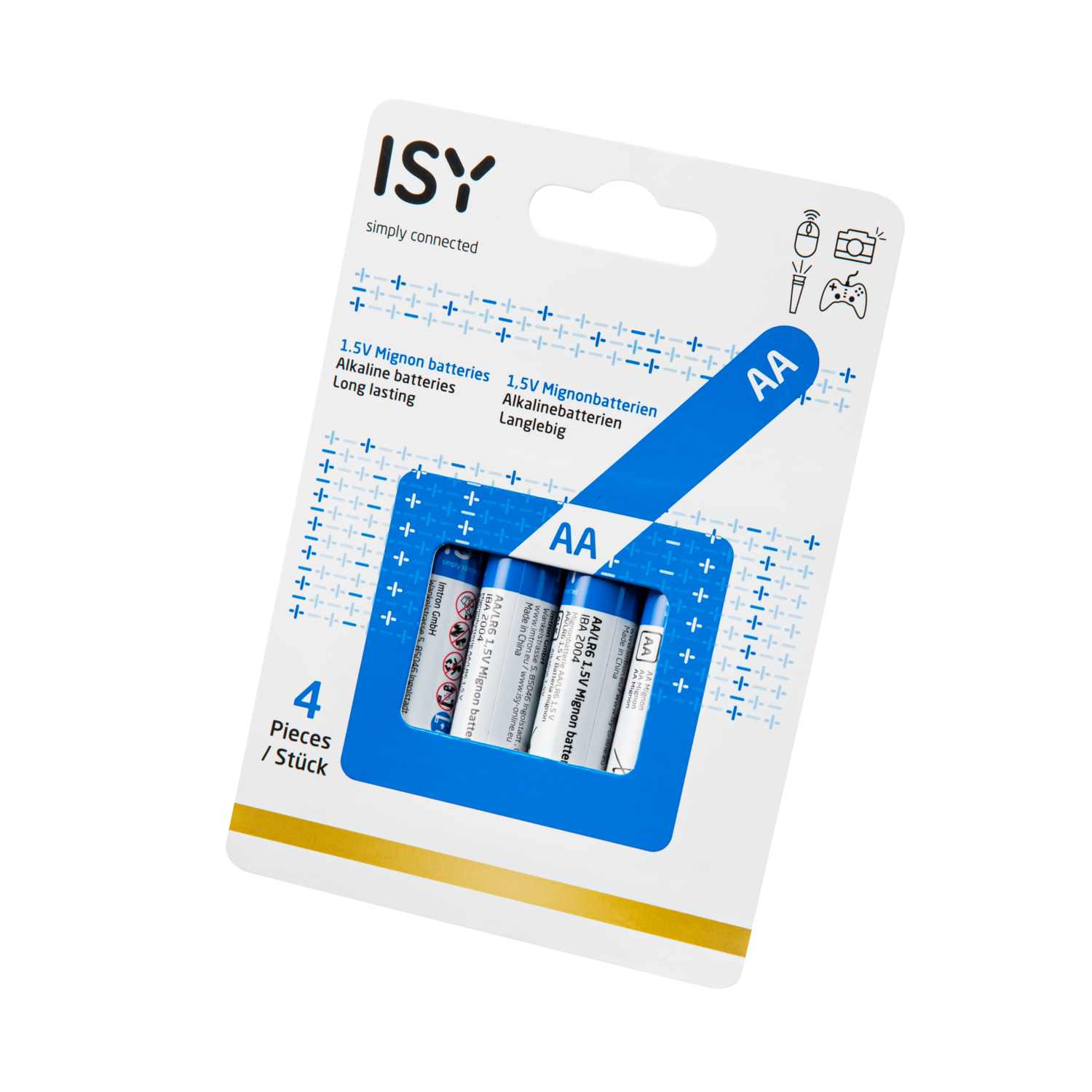 Vier AA-batterijen in een verpakking. Blauw en wit kleurenschema, met een eenvoudig ontwerp.