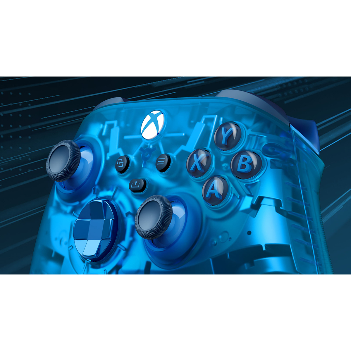 Een transparante blauwe Xbox-controller met zichtbare knoppen en joysticks. De achtergrond is een donkerblauwe gradient.