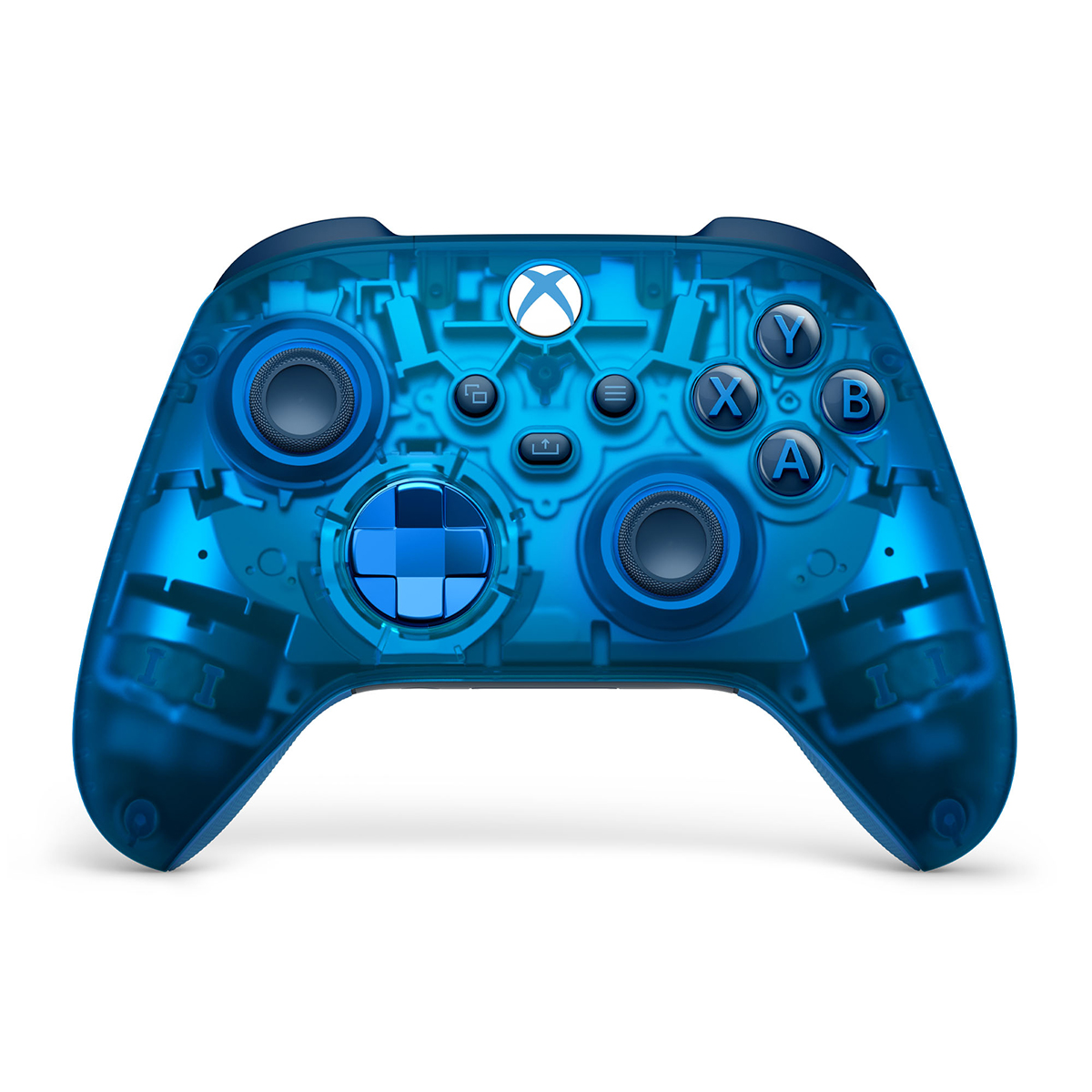 Een transparante blauwe Xbox-controller, met interne componenten en knoppen.