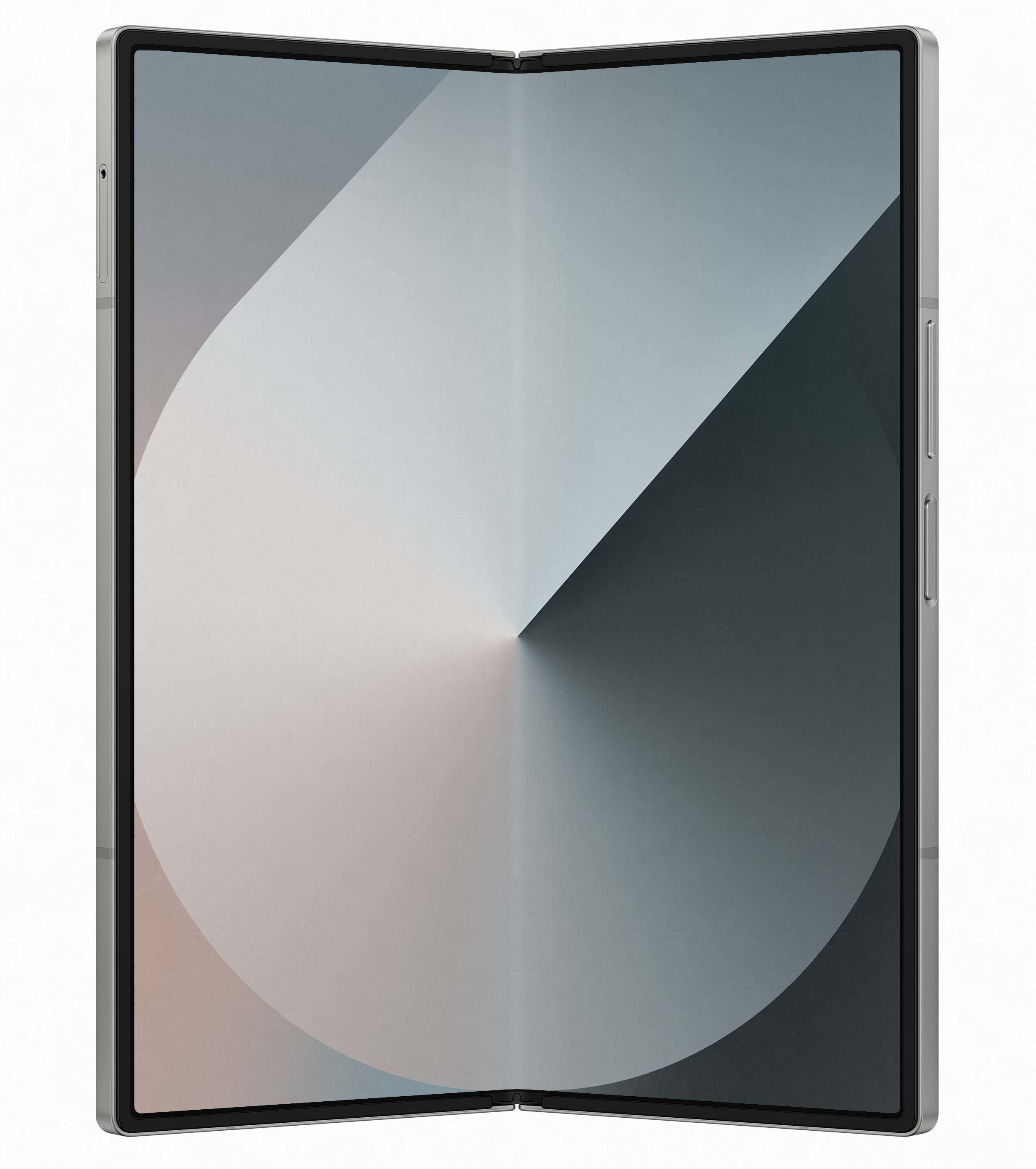 Otwarty składany telefon, z gradientowym wyświetlaczem. Srebrna ramka. Białe tło.