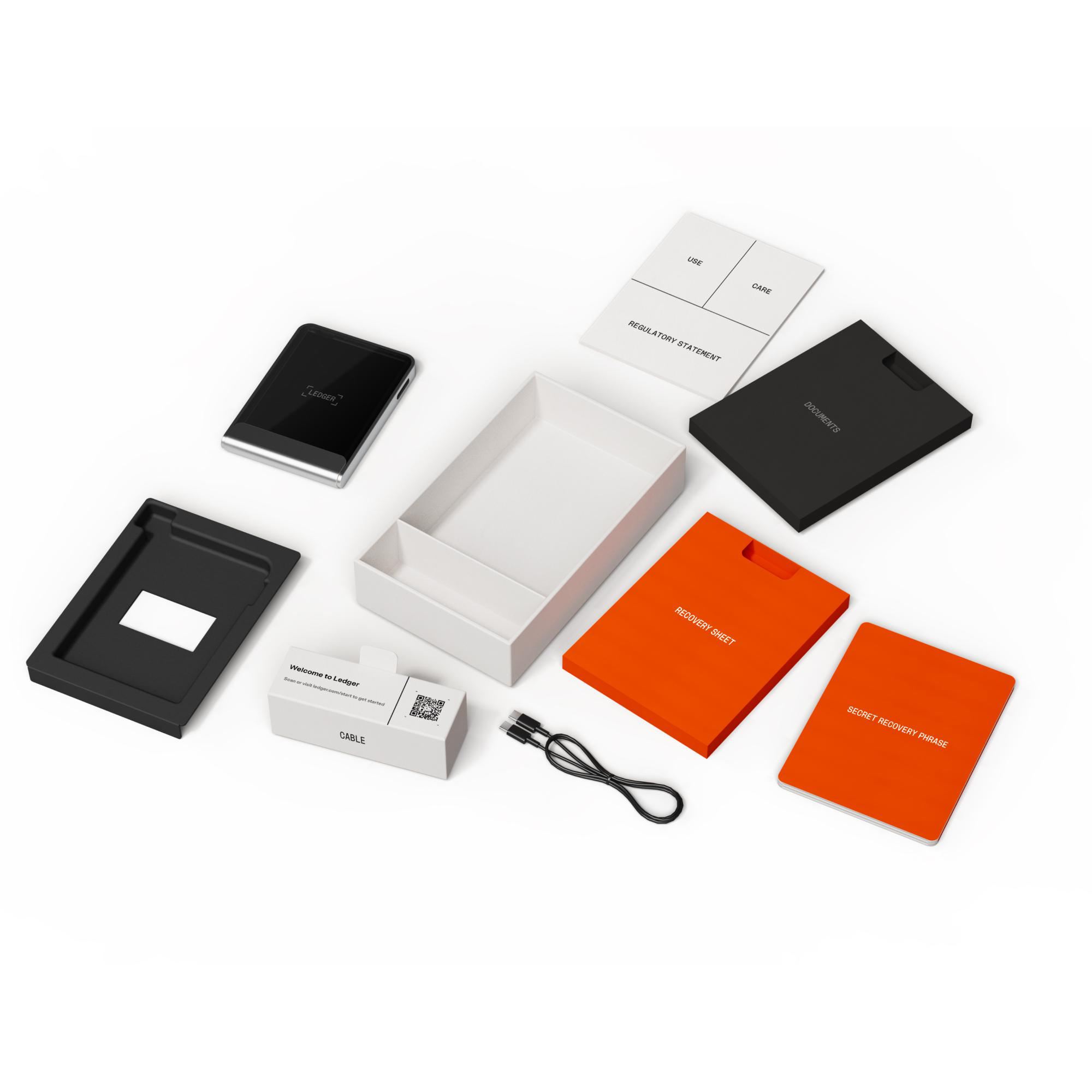 Ledger Hardware-Wallet und Zubehör in einer weißen Box. Kabel und Karten.