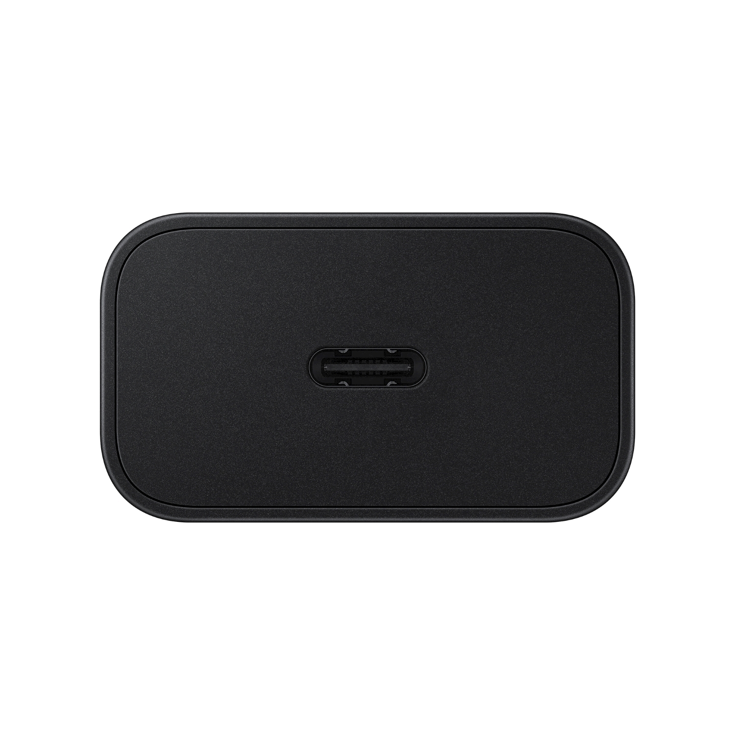 Adattatore caricabatterie USB-C nero. Forma rettangolare con una singola porta.