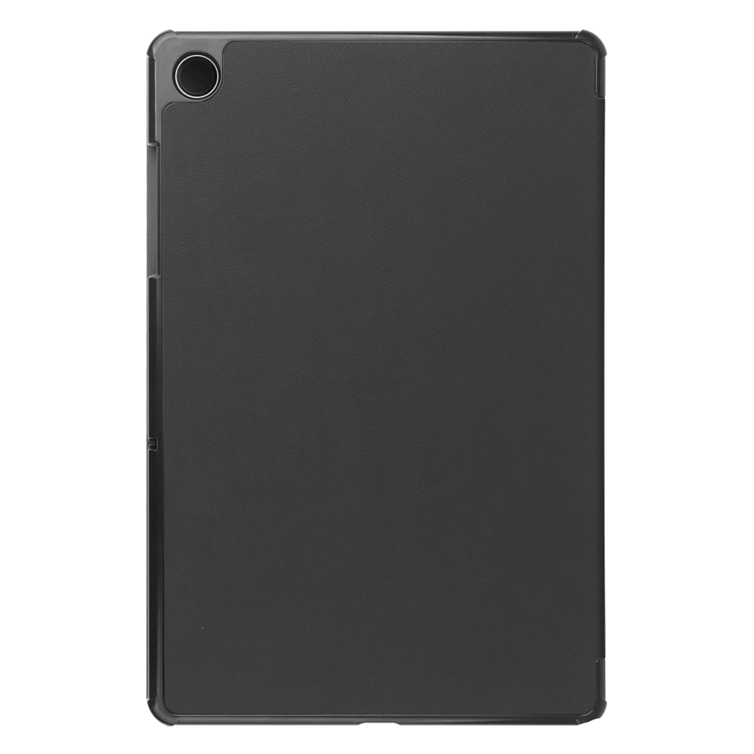 Black tablet with a single camera and a black case.