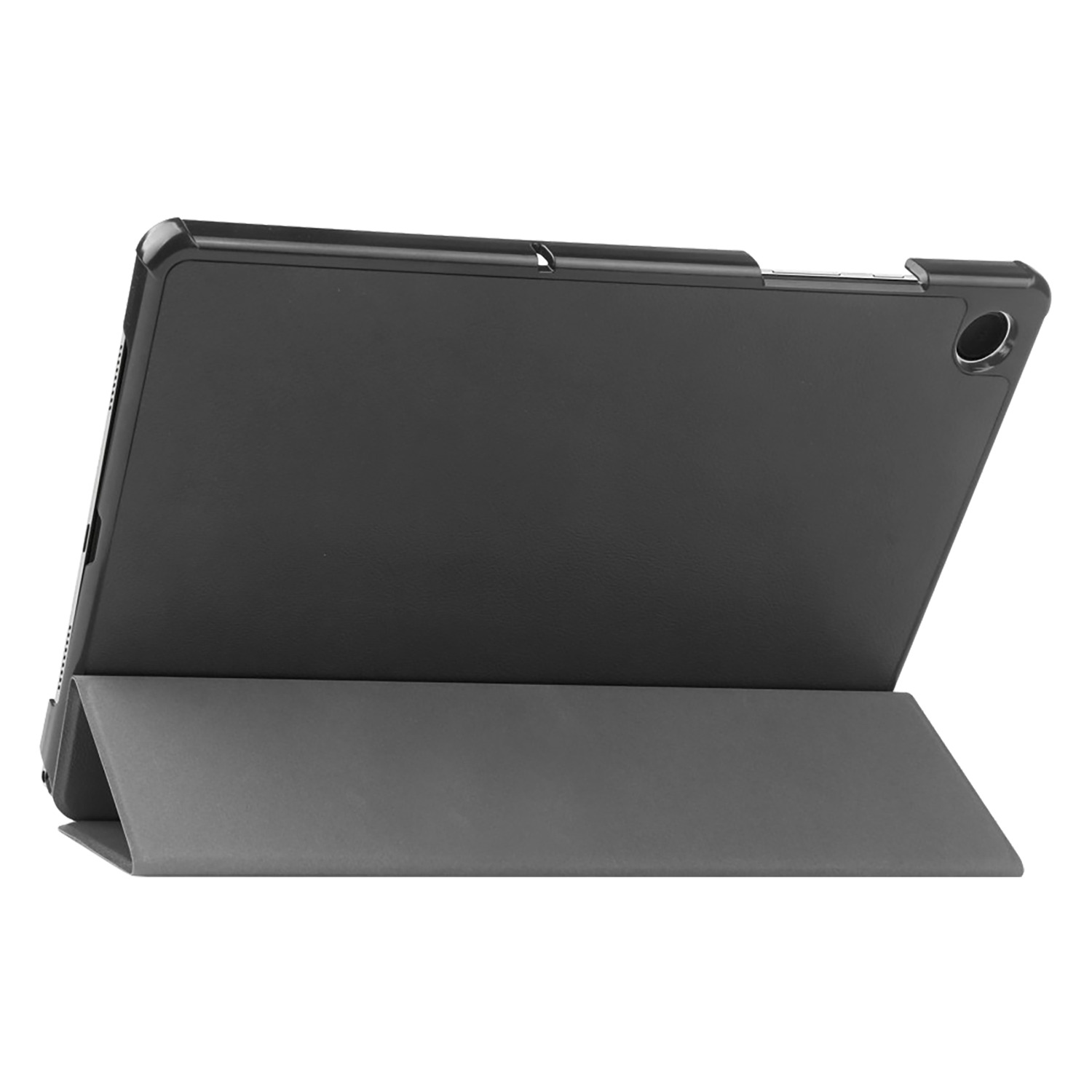 Black tablet case, closed, with a grey stand. The tablet is black and the stand is grey.