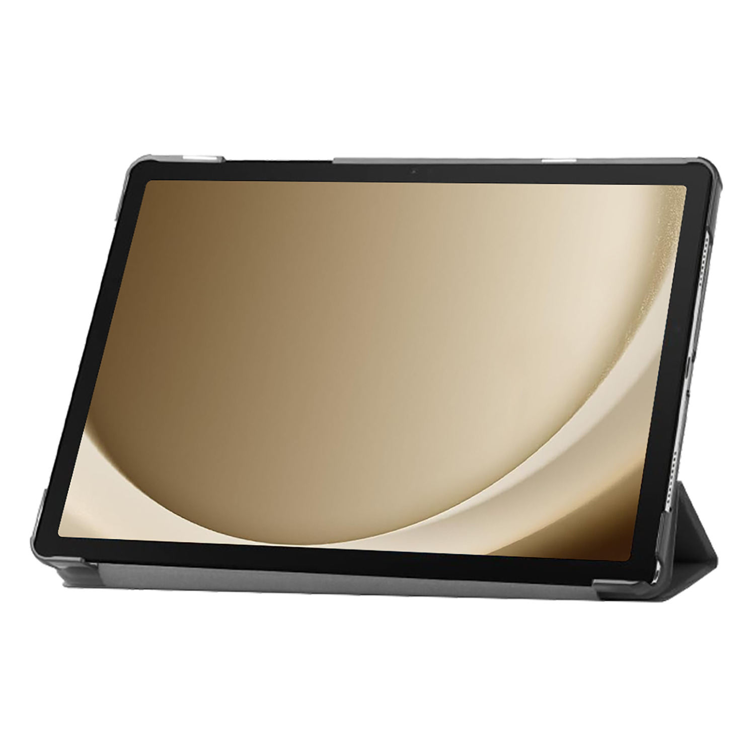 Tablet in a black case. Golden screen. White background.