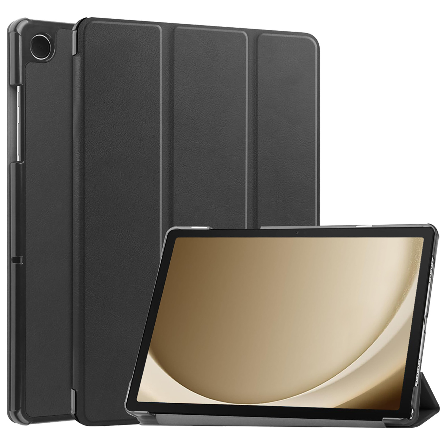 Black tablet with a black cover. Tablet is open and angled.