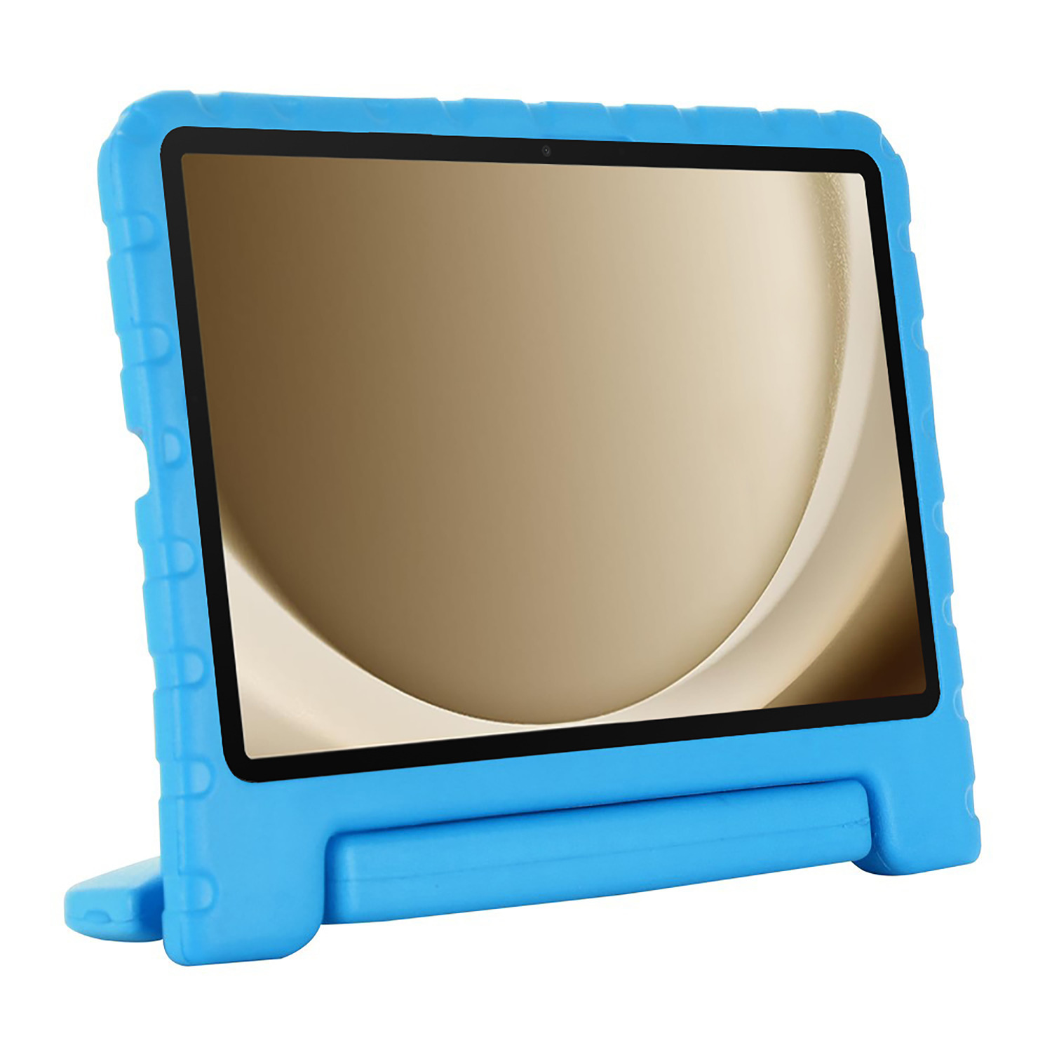 Blue tablet case, with a screen visible, and a stand.