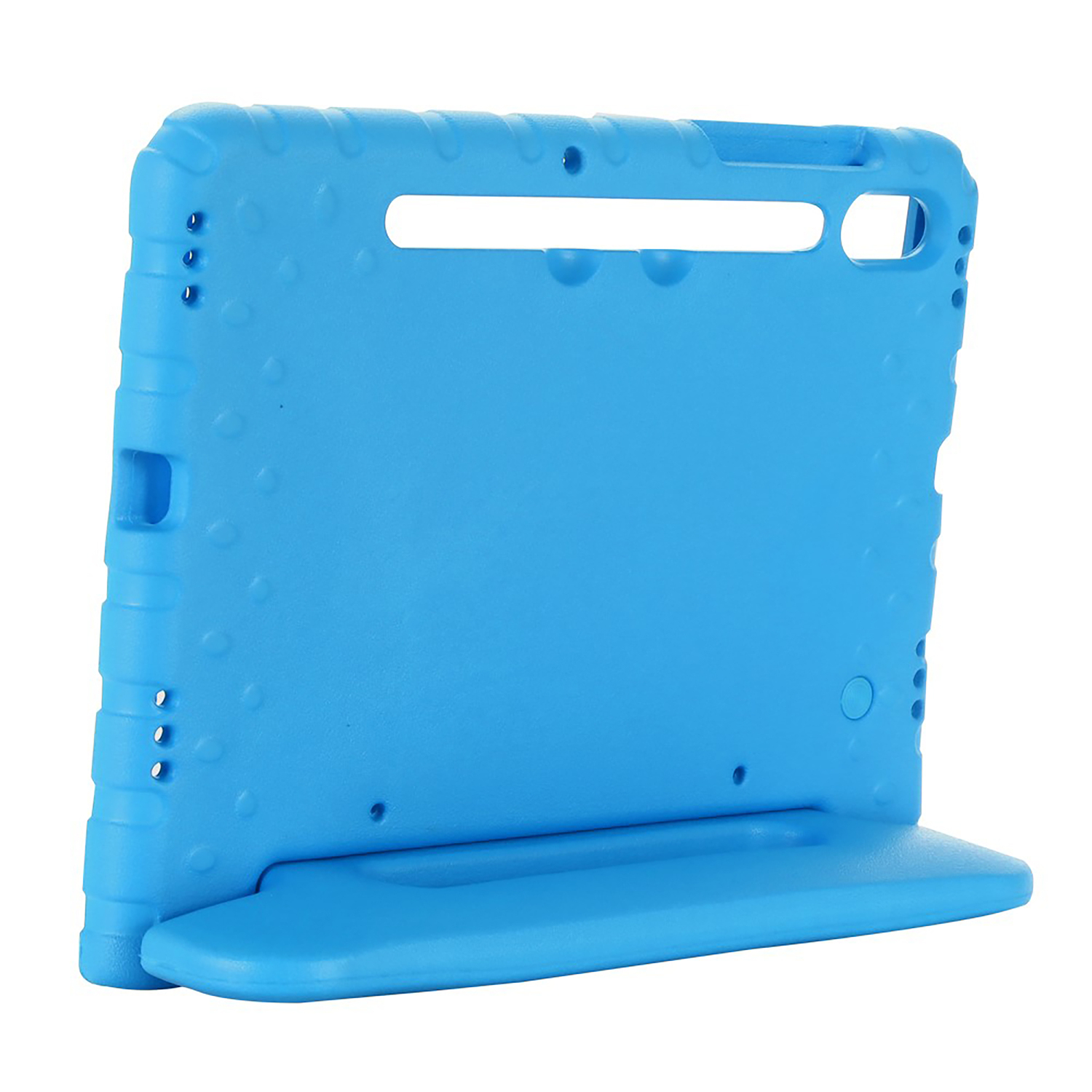 Blue tablet case with a stand, angled view, white background.