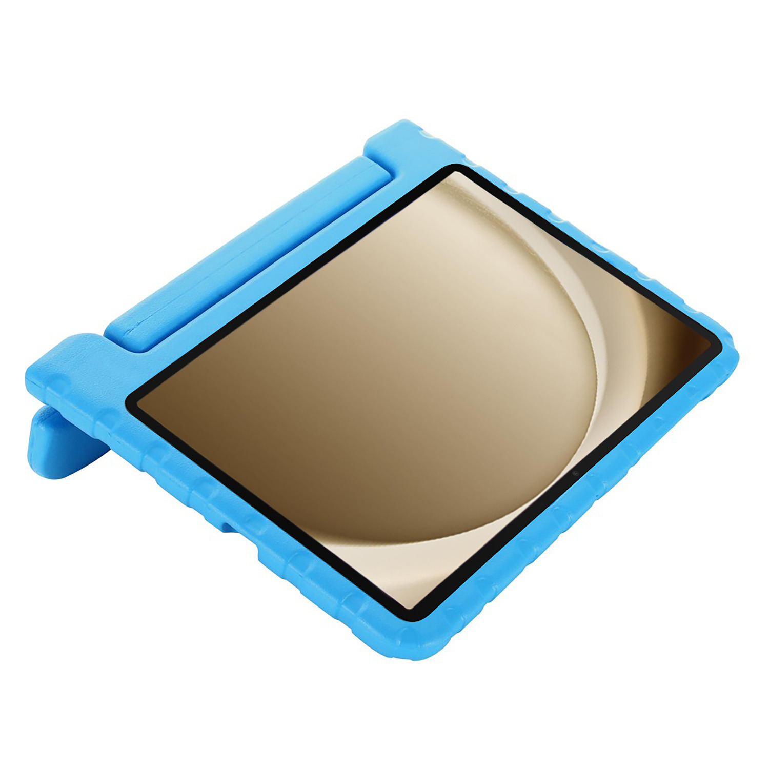 Blue tablet case with a screen. The case has a handle and a stand for landscape viewing.