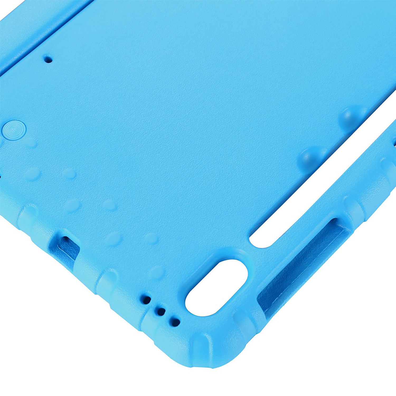 Blue protective case for a tablet. Features a corner close-up.