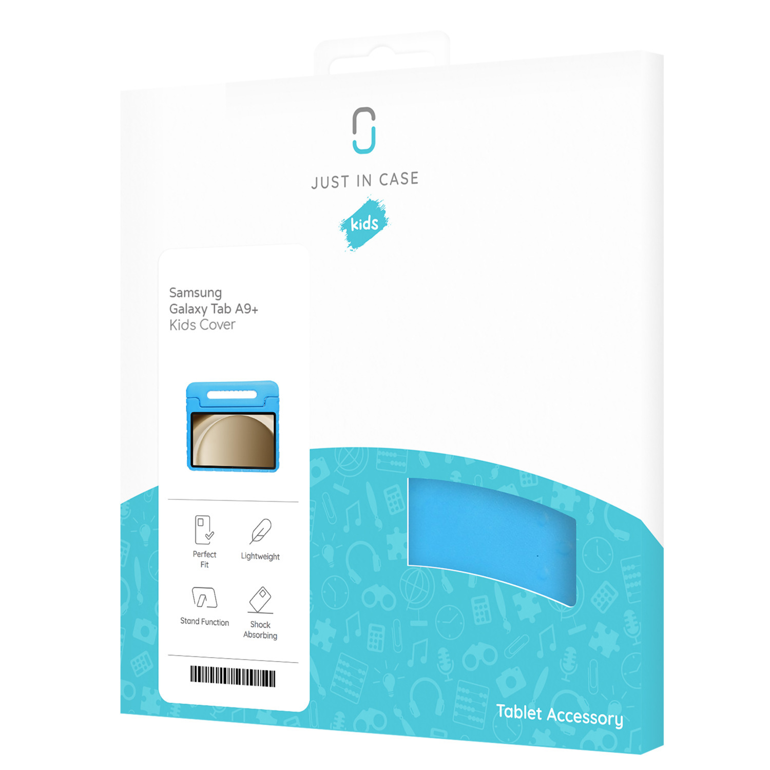 A white box with a blue tablet case inside, labeled "JUST IN CASE" and "kids".