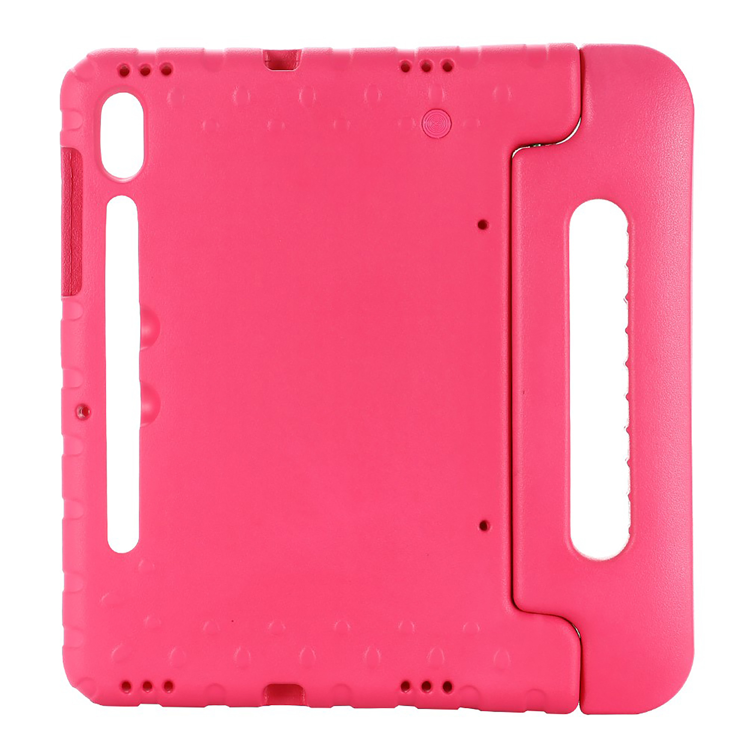 Pink tablet case with handle and rounded edges.