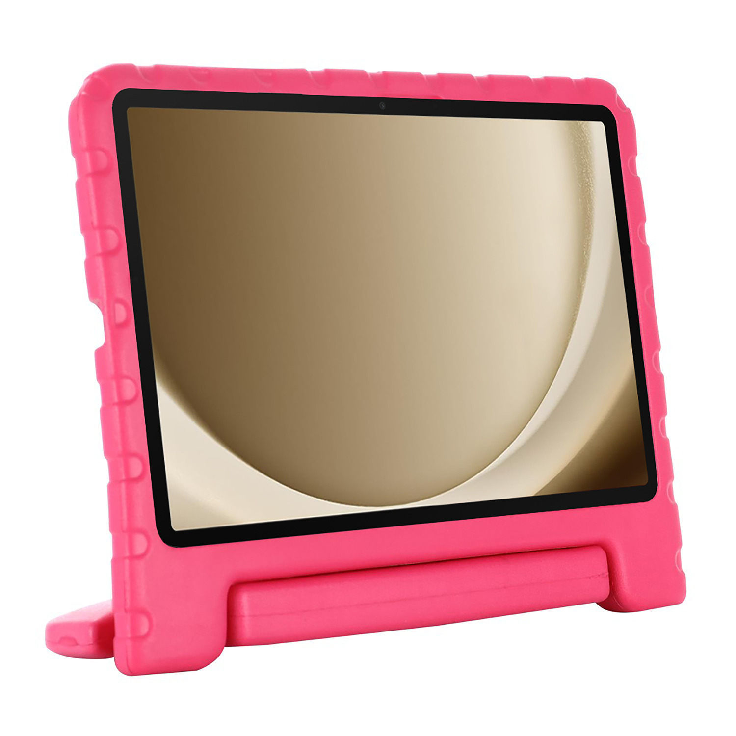 Tablet in a pink protective case with a stand. The screen is on.