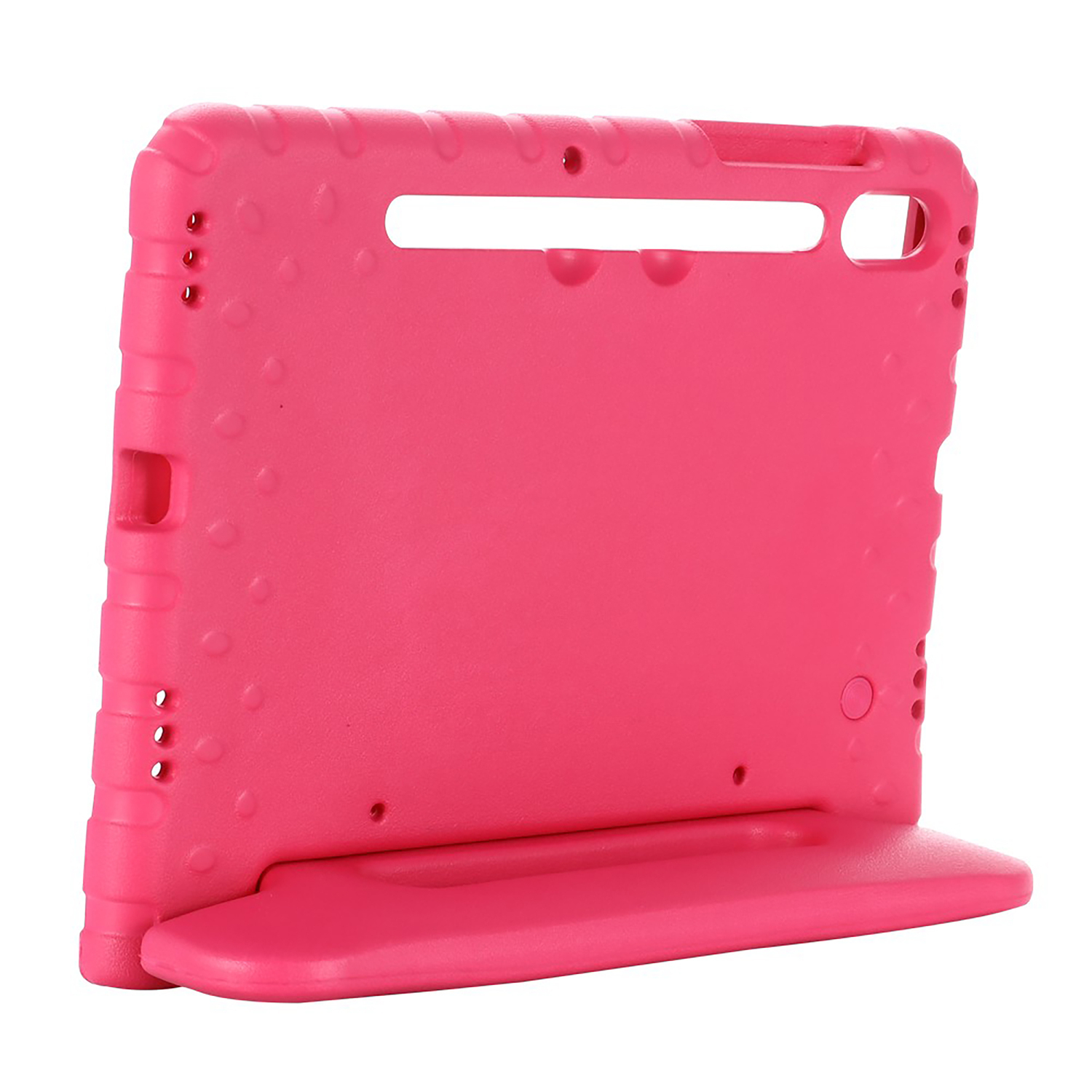 Pink tablet case with stand. White background.