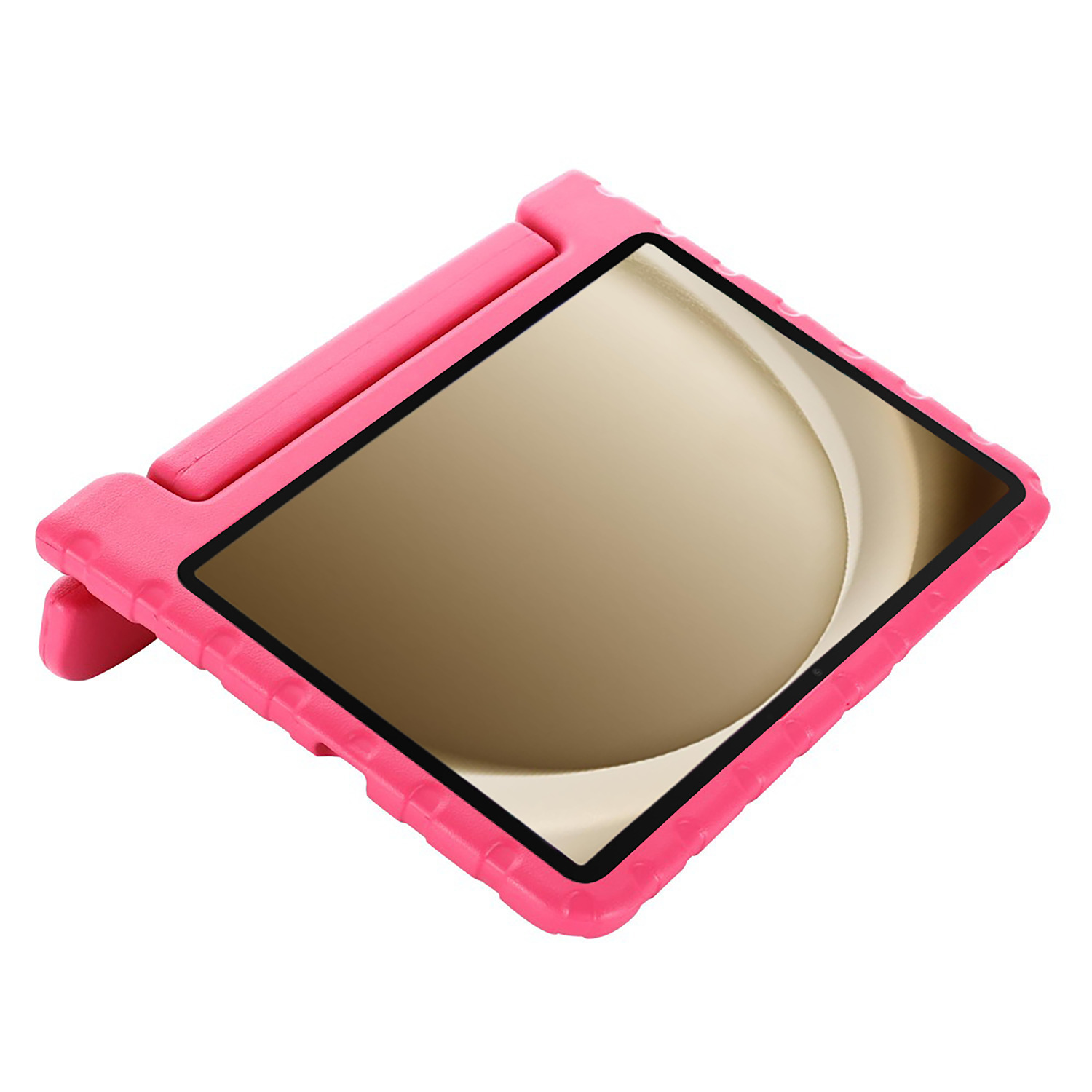 Pink tablet case with a black screen. It is propped up.