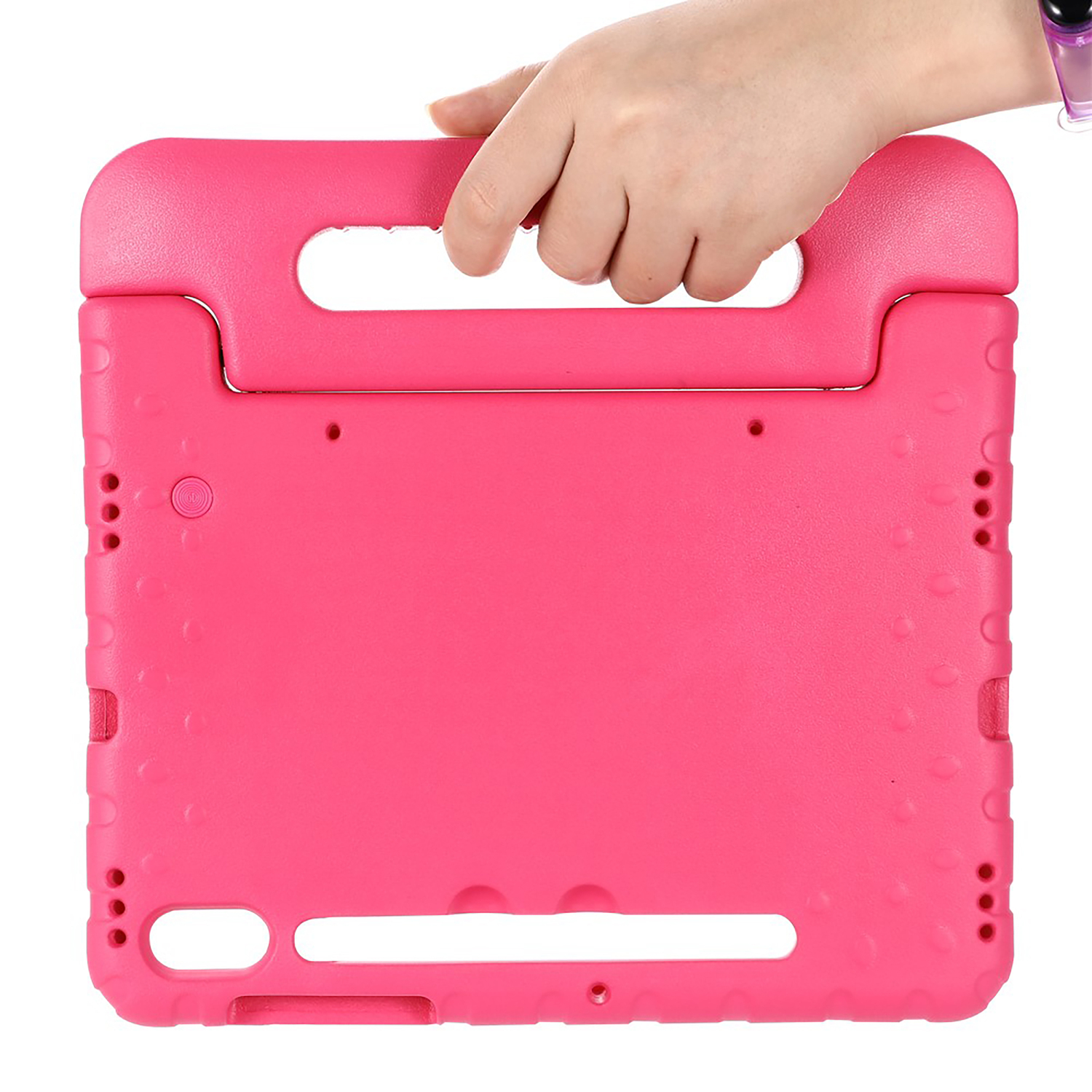 Pink tablet case with handle, being held by a hand.