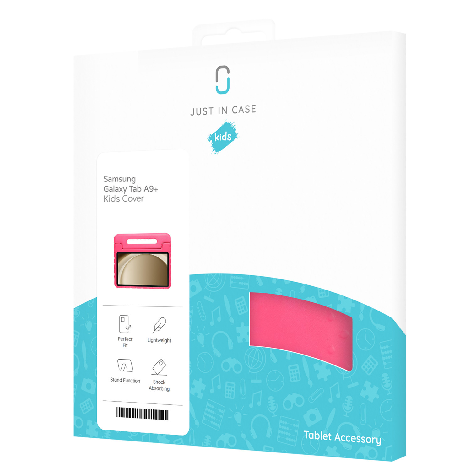 A pink Samsung tablet case is on display in its white packaging. Features include perfect fit and shock absorption.