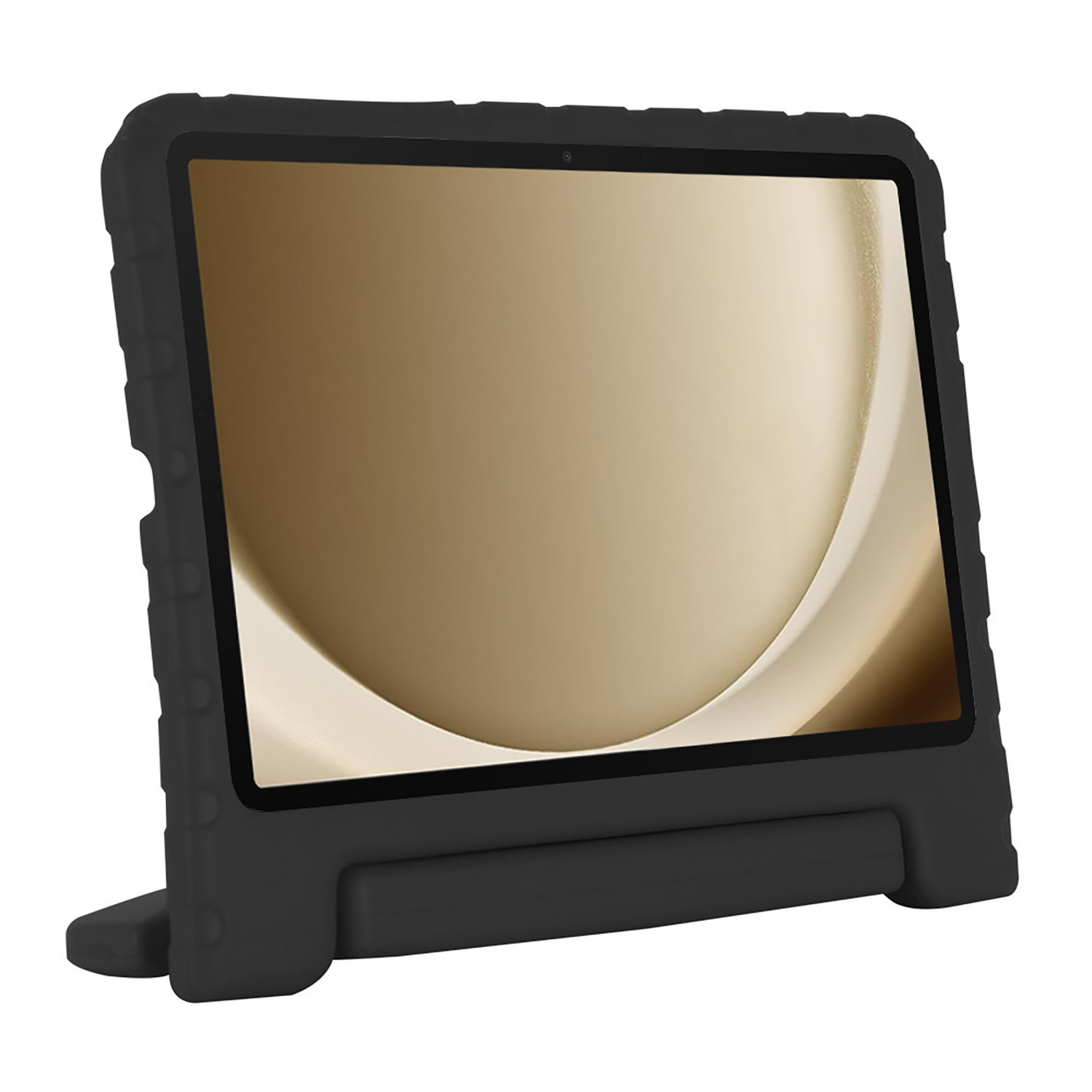 A black tablet in a protective case with a stand, displayed on a white surface.
