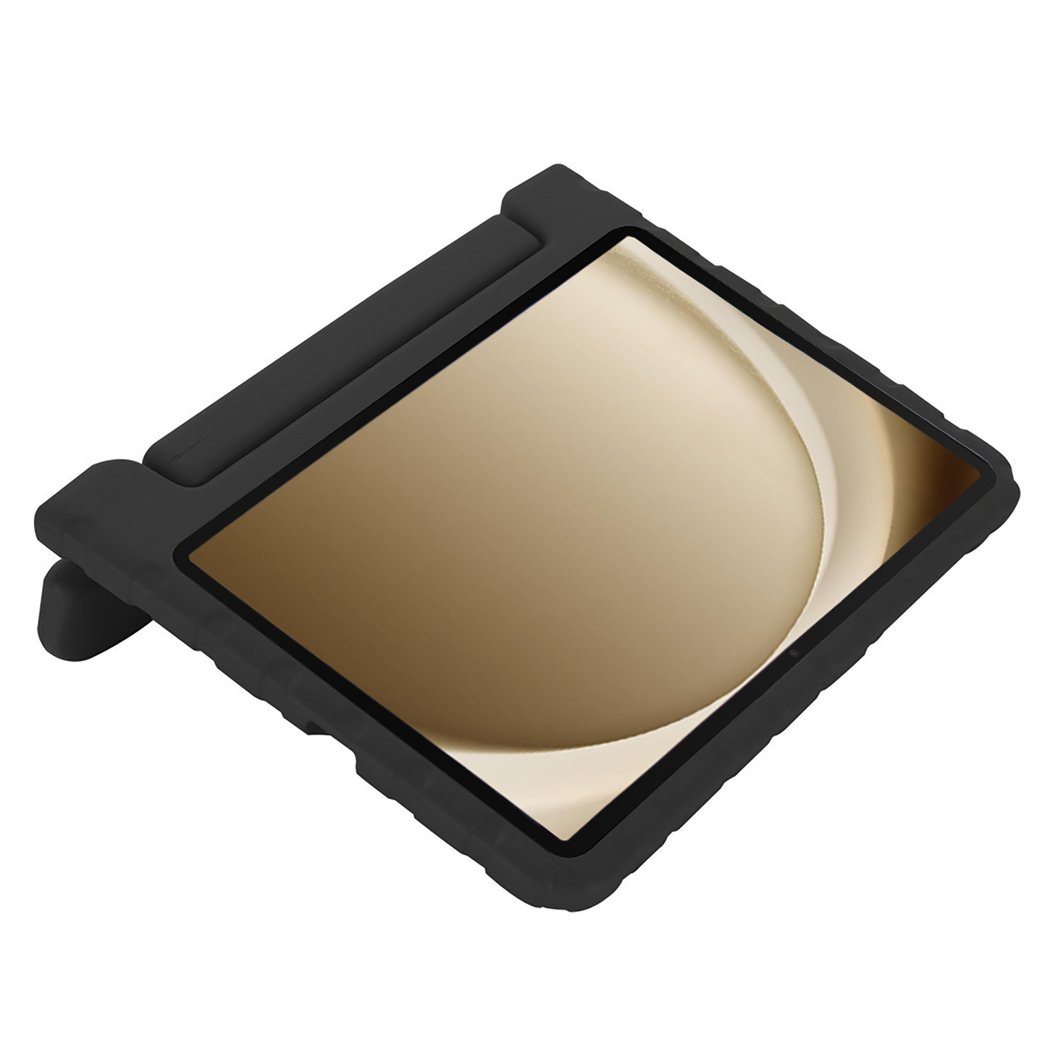 A black tablet in a case, propped up at an angle, with a tan screen showing.
