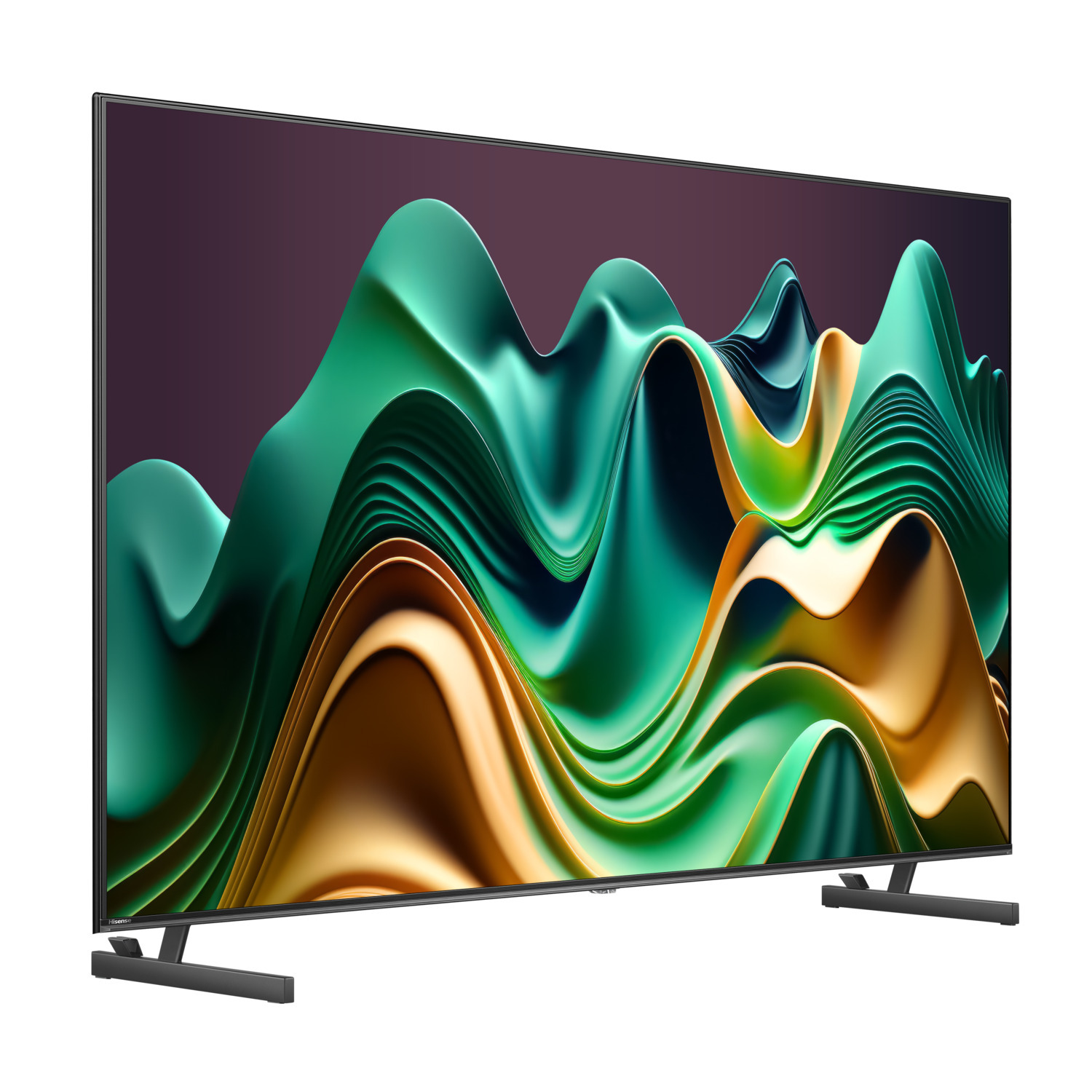 Un grand écran de télévision élégant affichant une image abstraite colorée avec des formes vertes et dorées.