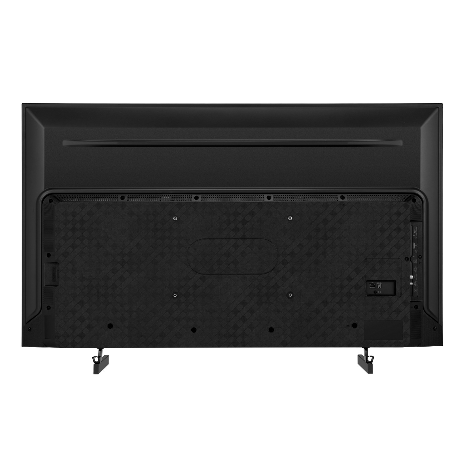 Vue arrière d'un téléviseur noir avec un panneau arrière texturé et deux pieds.