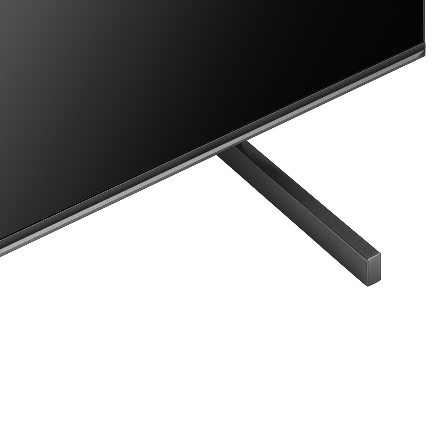 Un pied de téléviseur noir avec un pied rectangulaire et un écran noir.