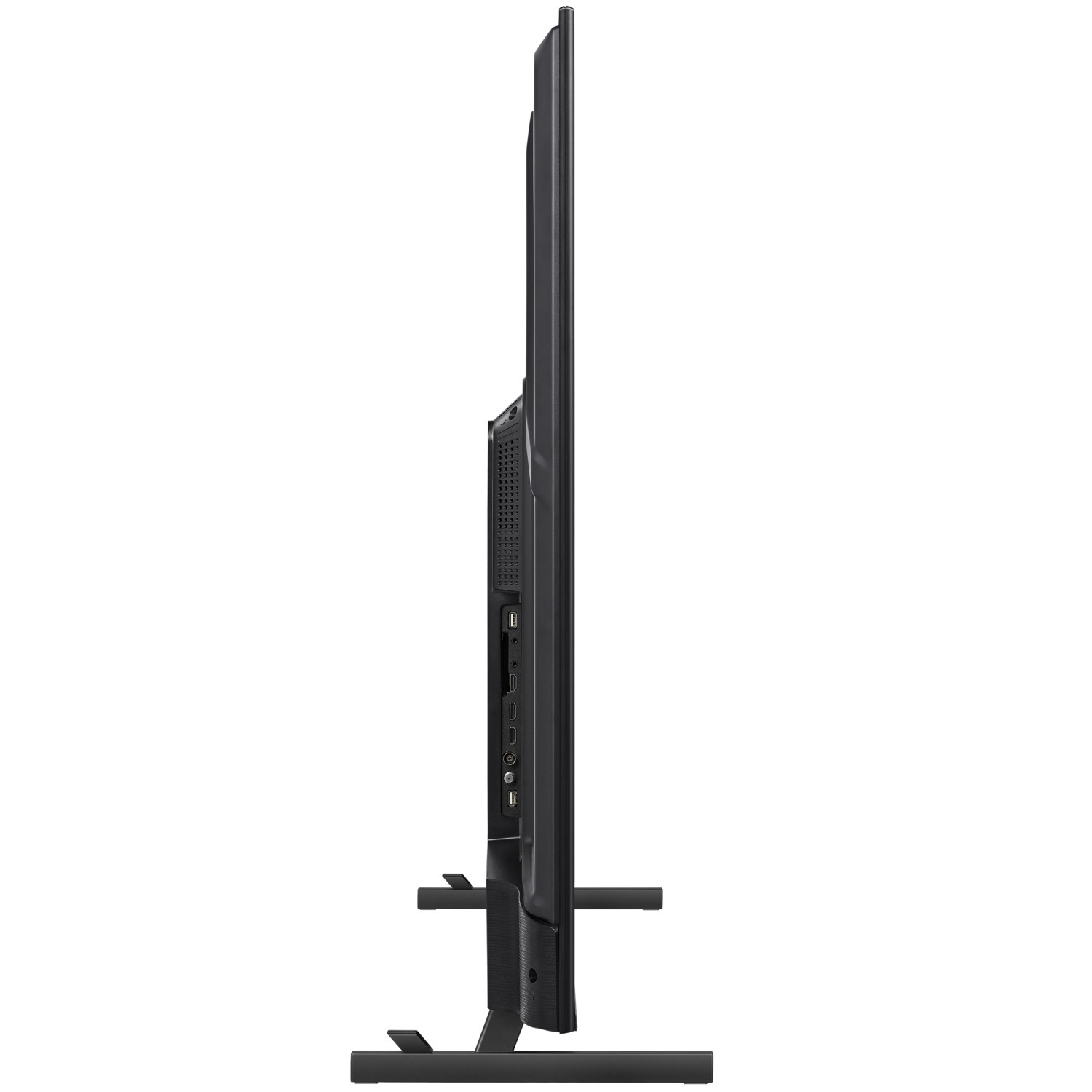 Vue latérale d'un téléviseur noir sur un support. Les ports sont visibles sur le côté.