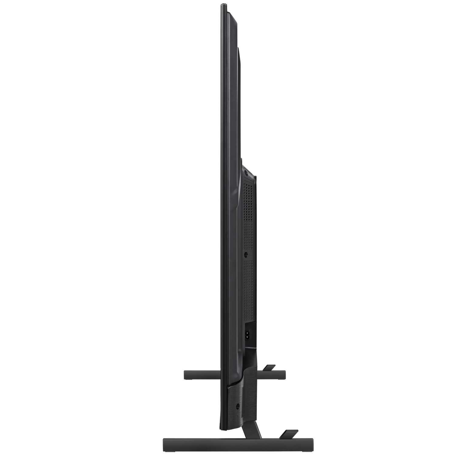 Vue latérale d'un téléviseur noir. Profil fin, soutenu par un support. Design moderne, couleur noire.