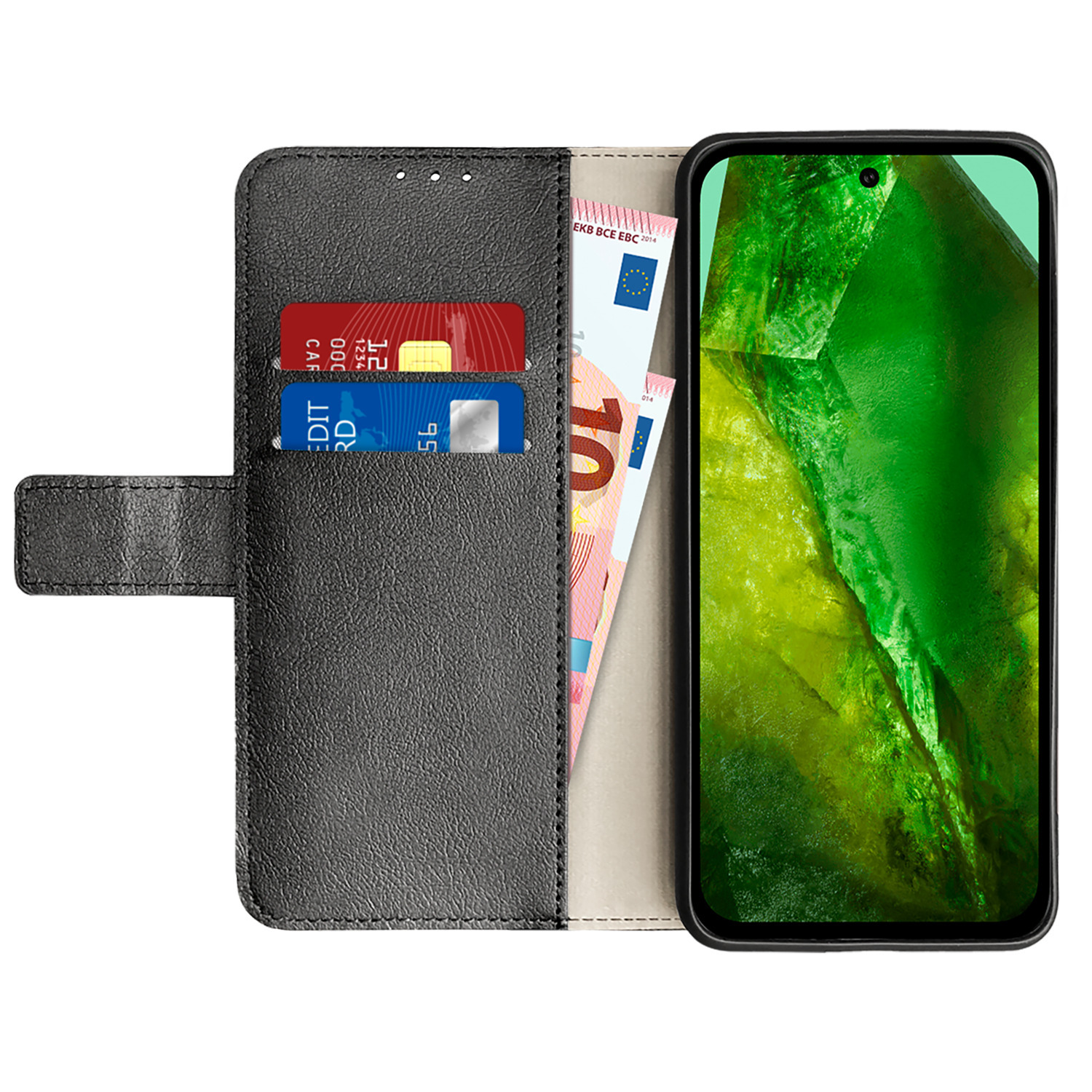 Un téléphone à l'intérieur d'un étui portefeuille noir avec des cartes de crédit et de l'argent. Le téléphone affiche une image verte.
