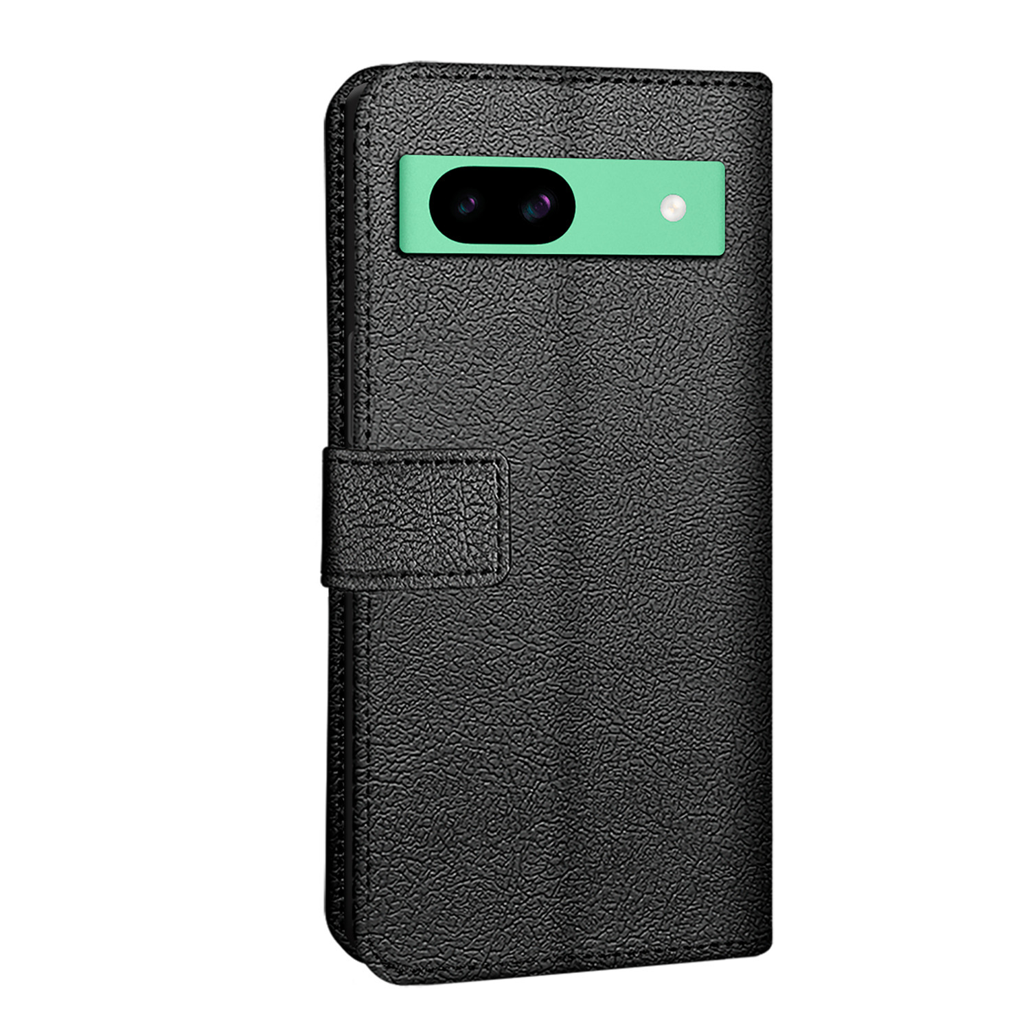 Coque de téléphone noire avec découpe verte pour caméra et rabat magnétique.