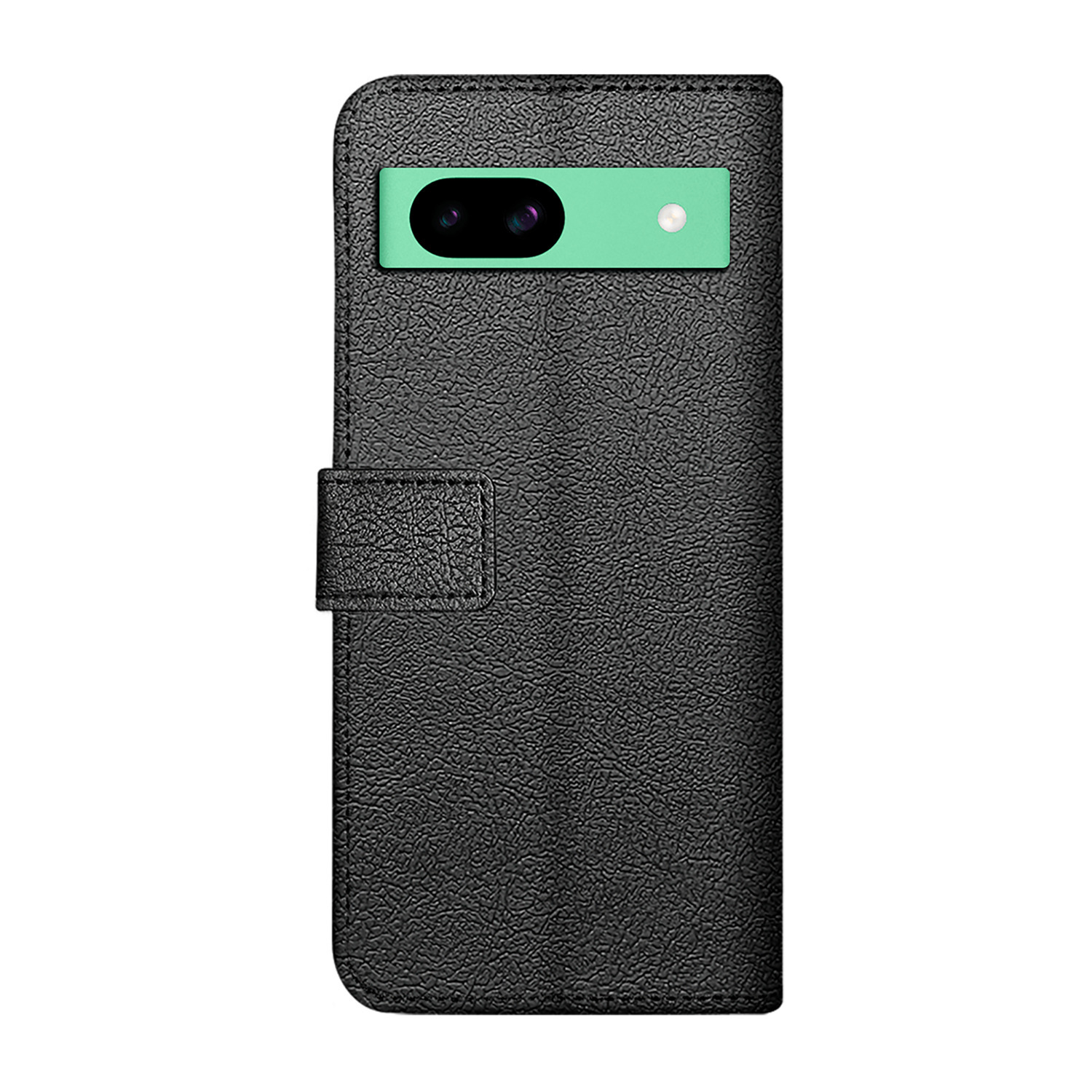 Étui de téléphone en cuir noir avec découpe de caméra vert menthe. L'étui est fermé par un fermoir.