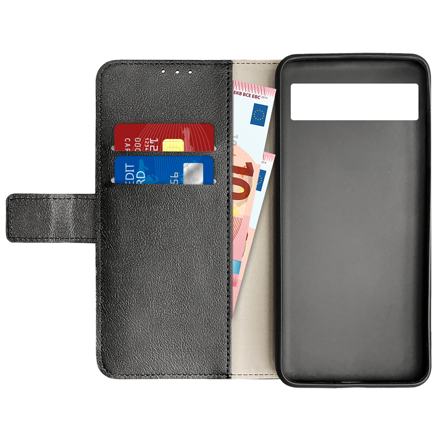 Un étui de téléphone noir avec des cartes et de l'argent à l'intérieur. Il y a des cartes de crédit et des billets en euros.